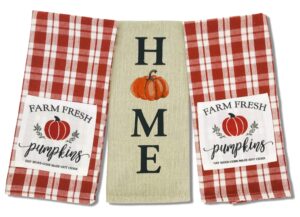 serafina home fall pumpkin kitchen dish towels set, 3pc: colorful autumn red orange plaid with farm fresh pumpkins rustic applique background.