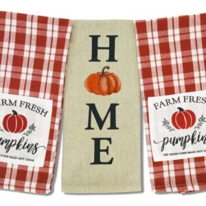 Serafina Home Fall Pumpkin Kitchen Dish Towels Set, 3pc: Colorful Autumn Red Orange Plaid with Farm Fresh Pumpkins Rustic Applique Background.