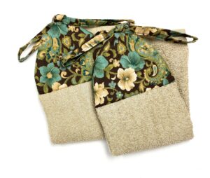 set of 2 - teal and cream flowers floral paisley with gold on brown reversible ties on stays put tan kitchen bathroom hanging loop hand dish towels