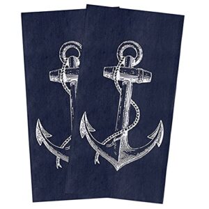 big buy store white nautical anchor kitchen dish towels set of 2, soft lightweight microfiber absorbent hand towel navy blue tea towel for kitchen bathroom 18x28in