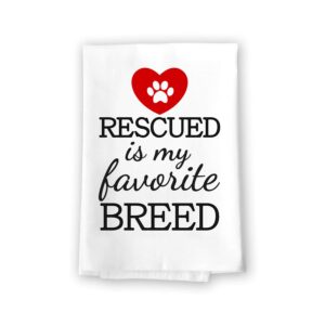 honey dew gifts funny towels, rescued is my favorite breed kitchen towel, dish towel, kitchen decor, multi-purpose pet and dog lovers kitchen towel, 27 inch by 27 inch cotton flour sack towel