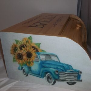 Blue Truck Bread Box Bamboo Wood Sunflowers Kitchen Country Decorative Decor new