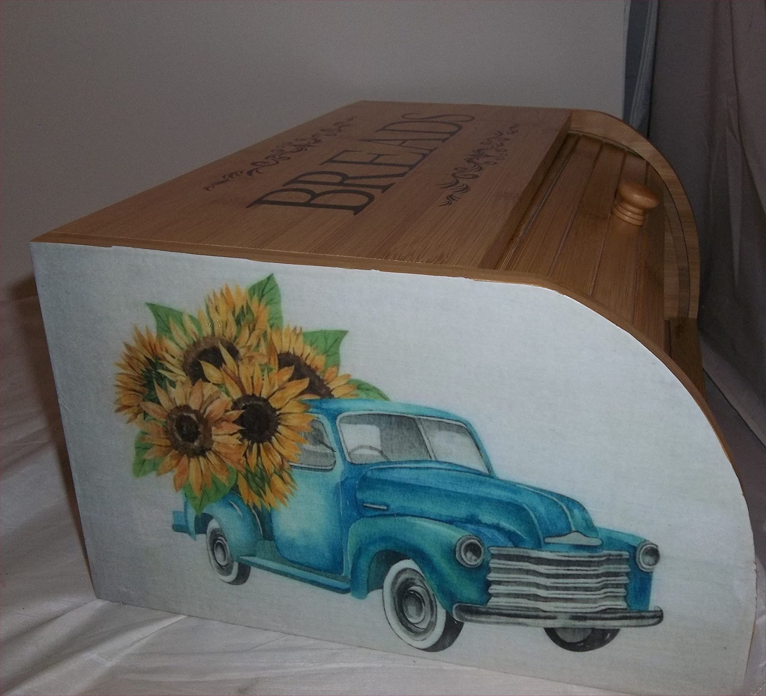 Blue Truck Bread Box Bamboo Wood Sunflowers Kitchen Country Decorative Decor new