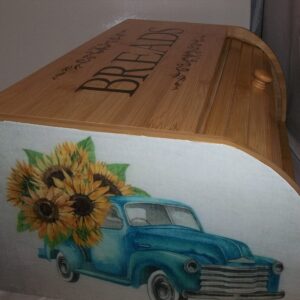 Blue Truck Bread Box Bamboo Wood Sunflowers Kitchen Country Decorative Decor new