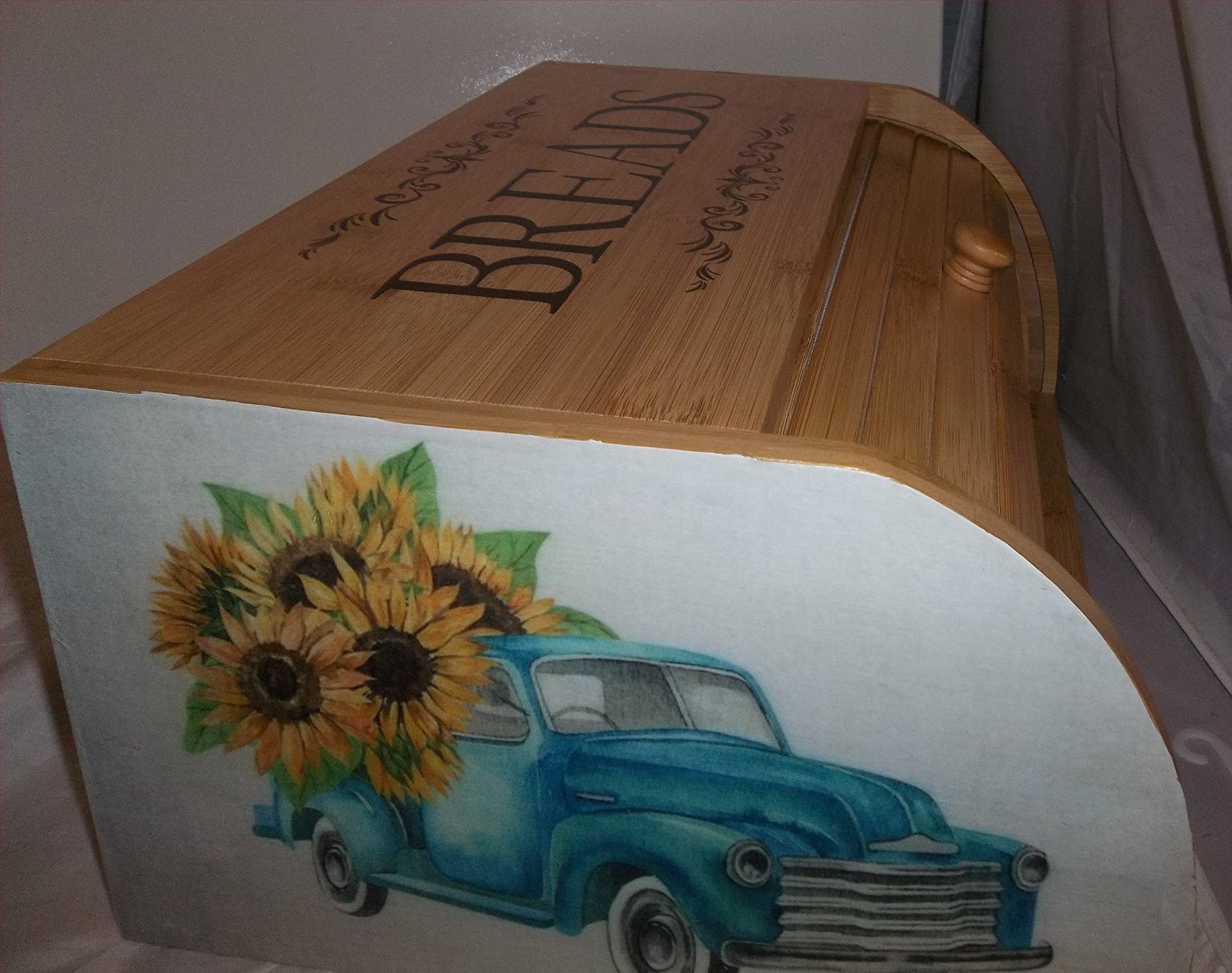 Blue Truck Bread Box Bamboo Wood Sunflowers Kitchen Country Decorative Decor new