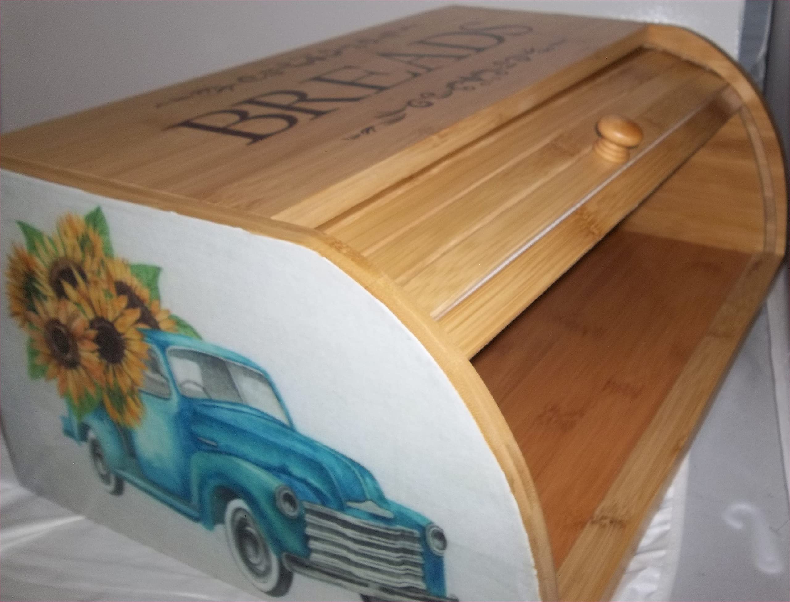 Blue Truck Bread Box Bamboo Wood Sunflowers Kitchen Country Decorative Decor new