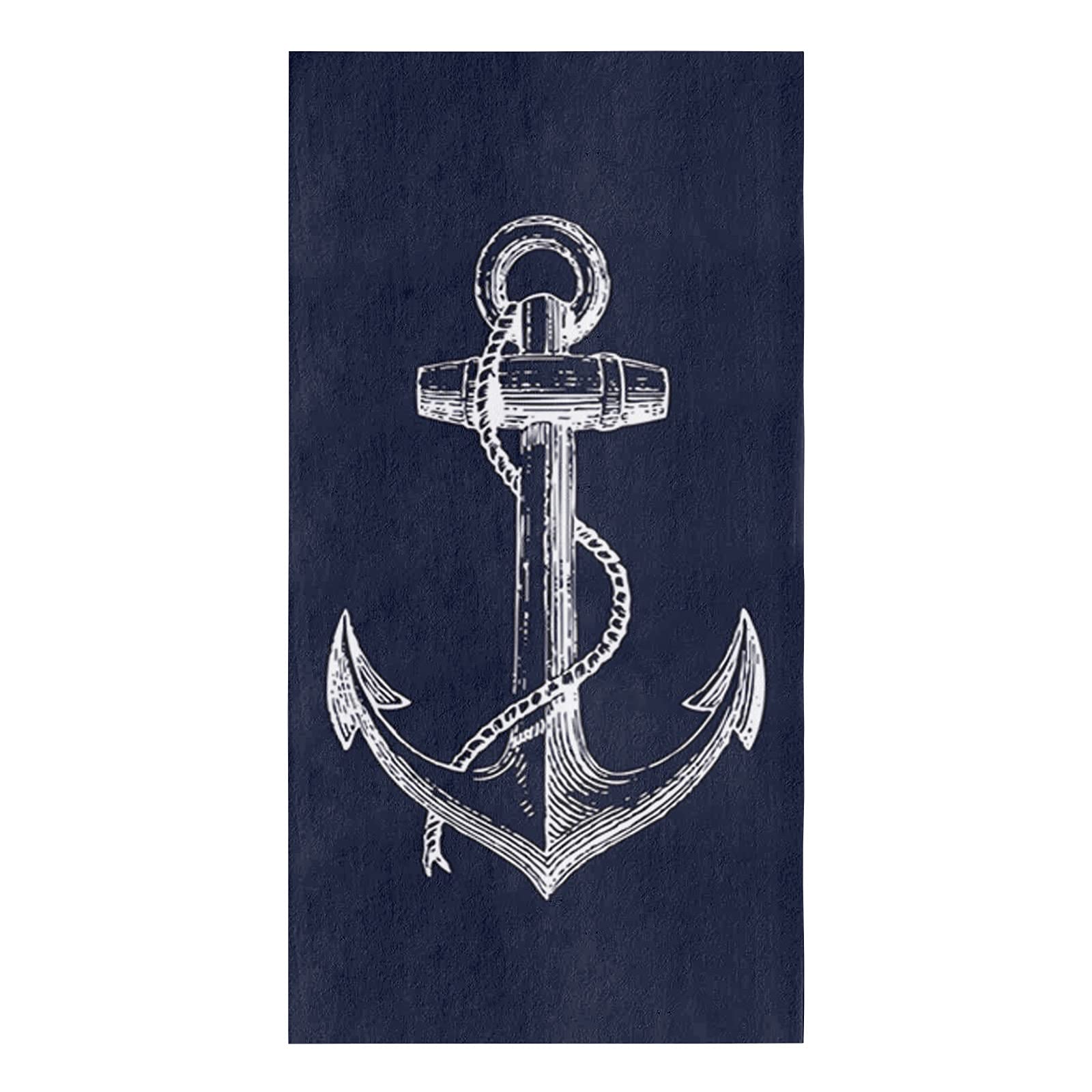 Chucoco Kitchen Towel Absorbent Dish Towels Simple Sketch Wooden Anchor 1 Pack Soft Reusable Hand Towel Washing Cloths, Quick Drying Hanging Terry for Home Cleaning Nautical Theme Navy Blue Back