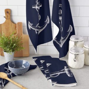 Chucoco Kitchen Towel Absorbent Dish Towels Simple Sketch Wooden Anchor 1 Pack Soft Reusable Hand Towel Washing Cloths, Quick Drying Hanging Terry for Home Cleaning Nautical Theme Navy Blue Back