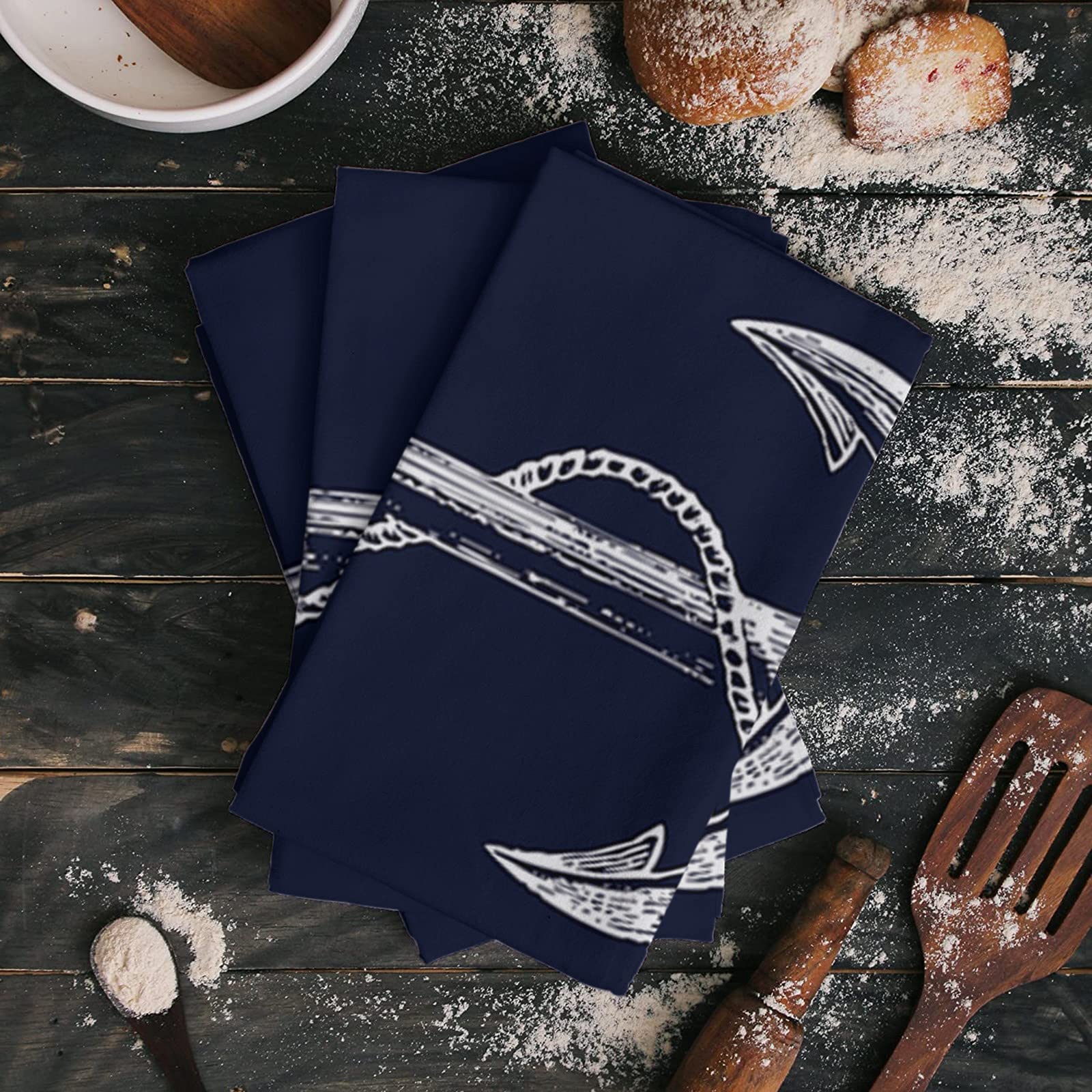 Chucoco Kitchen Towel Absorbent Dish Towels Simple Sketch Wooden Anchor 1 Pack Soft Reusable Hand Towel Washing Cloths, Quick Drying Hanging Terry for Home Cleaning Nautical Theme Navy Blue Back