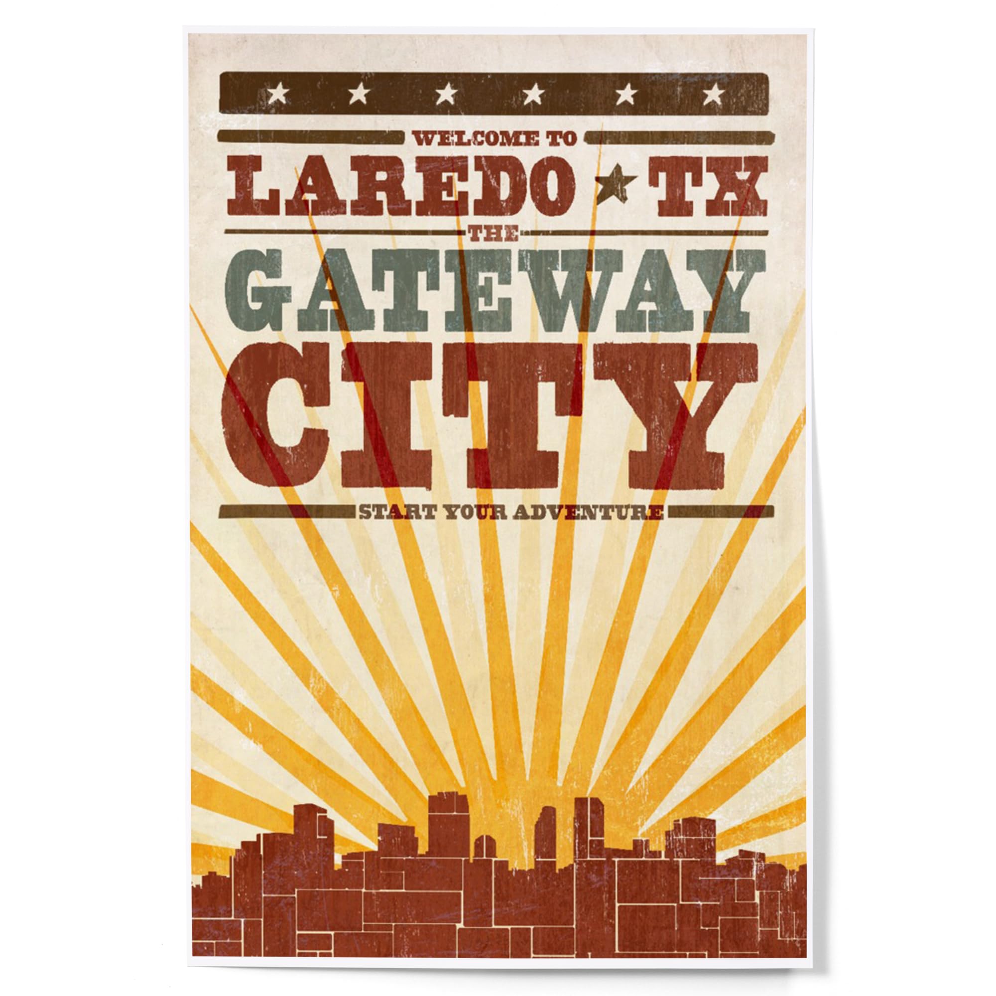 Laredo, Texas, Skyline and Sunburst Screenprint Style (12x18 Art Print, Travel Poster Wall Decor)