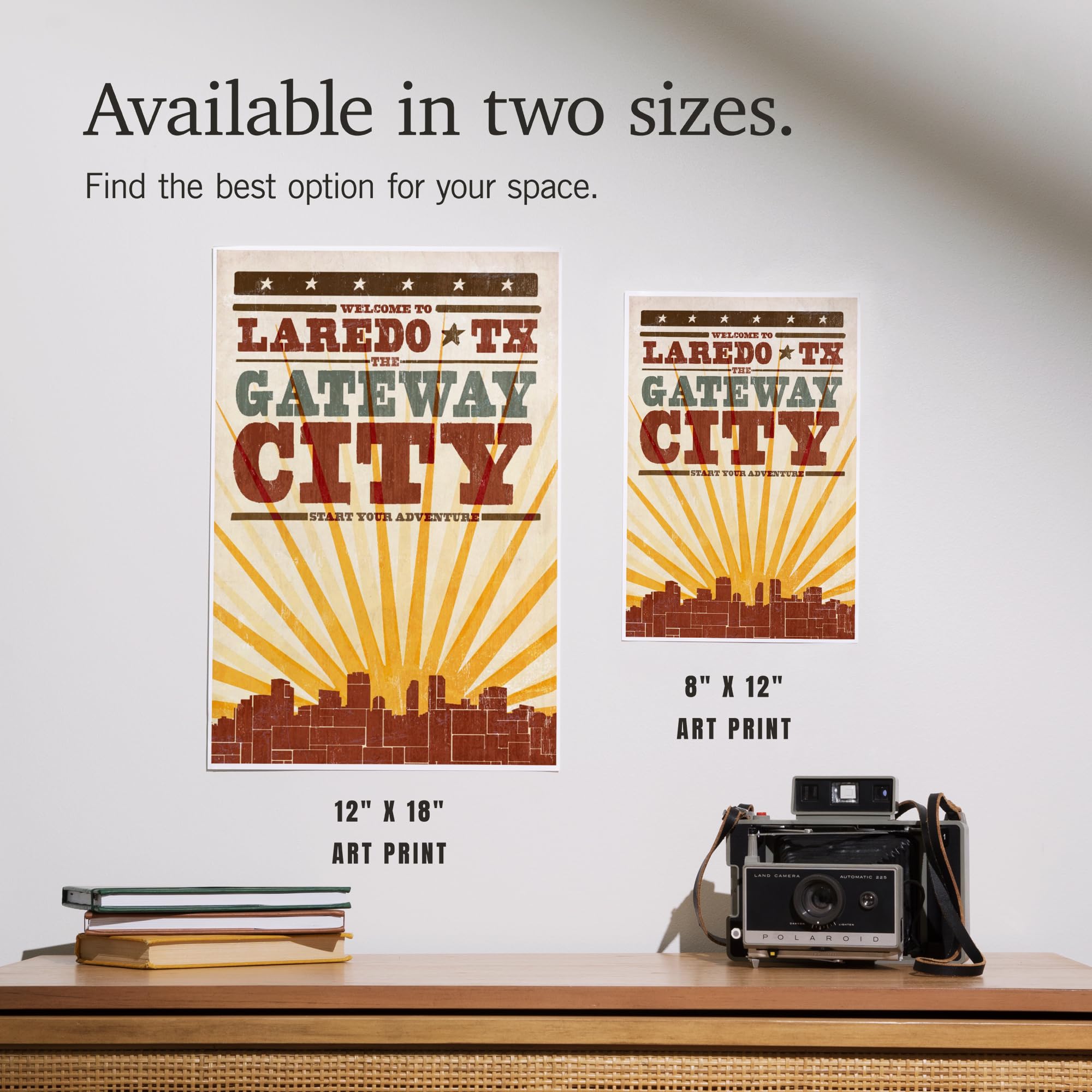 Laredo, Texas, Skyline and Sunburst Screenprint Style (12x18 Art Print, Travel Poster Wall Decor)