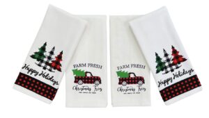farmhouse christmas kitchen hand towels: postal country truck and trees herringbone cotton weave with decorative checkered prints on terrycloth with easy hang fabric loops (farm fresh trees)
