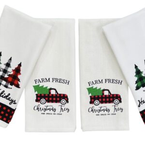 Farmhouse Christmas Kitchen Hand Towels: Postal Country Truck and Trees Herringbone Cotton Weave with Decorative Checkered Prints on Terrycloth with Easy Hang Fabric Loops (Farm Fresh Trees)