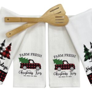 Farmhouse Christmas Kitchen Hand Towels: Postal Country Truck and Trees Herringbone Cotton Weave with Decorative Checkered Prints on Terrycloth with Easy Hang Fabric Loops (Farm Fresh Trees)