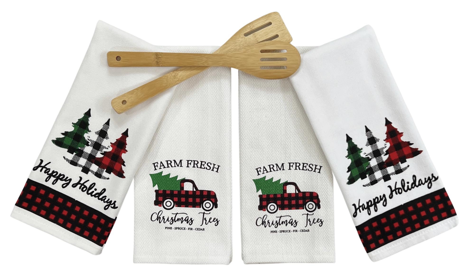 Farmhouse Christmas Kitchen Hand Towels: Postal Country Truck and Trees Herringbone Cotton Weave with Decorative Checkered Prints on Terrycloth with Easy Hang Fabric Loops (Farm Fresh Trees)