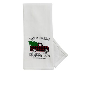 Farmhouse Christmas Kitchen Hand Towels: Postal Country Truck and Trees Herringbone Cotton Weave with Decorative Checkered Prints on Terrycloth with Easy Hang Fabric Loops (Farm Fresh Trees)