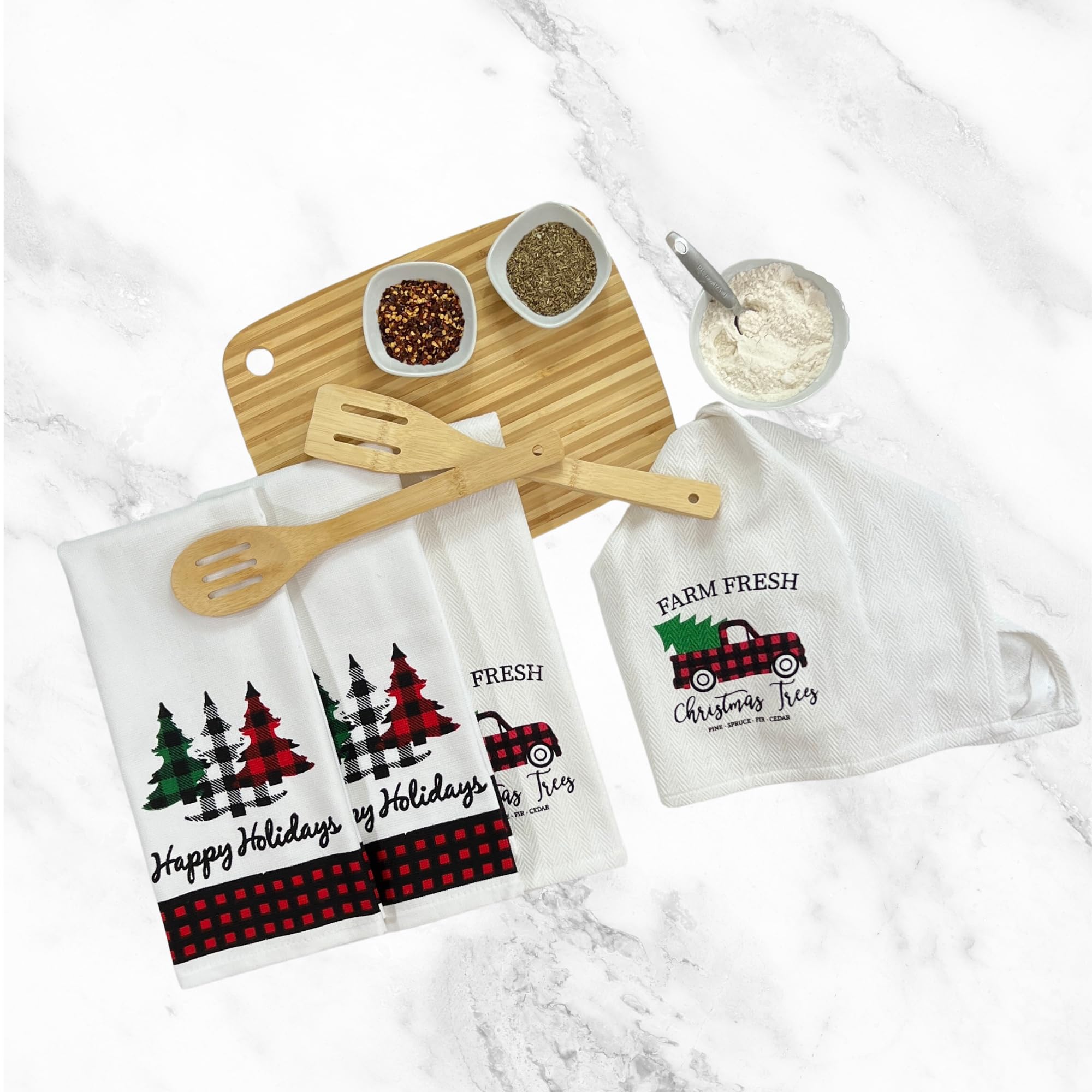 Farmhouse Christmas Kitchen Hand Towels: Postal Country Truck and Trees Herringbone Cotton Weave with Decorative Checkered Prints on Terrycloth with Easy Hang Fabric Loops (Farm Fresh Trees)