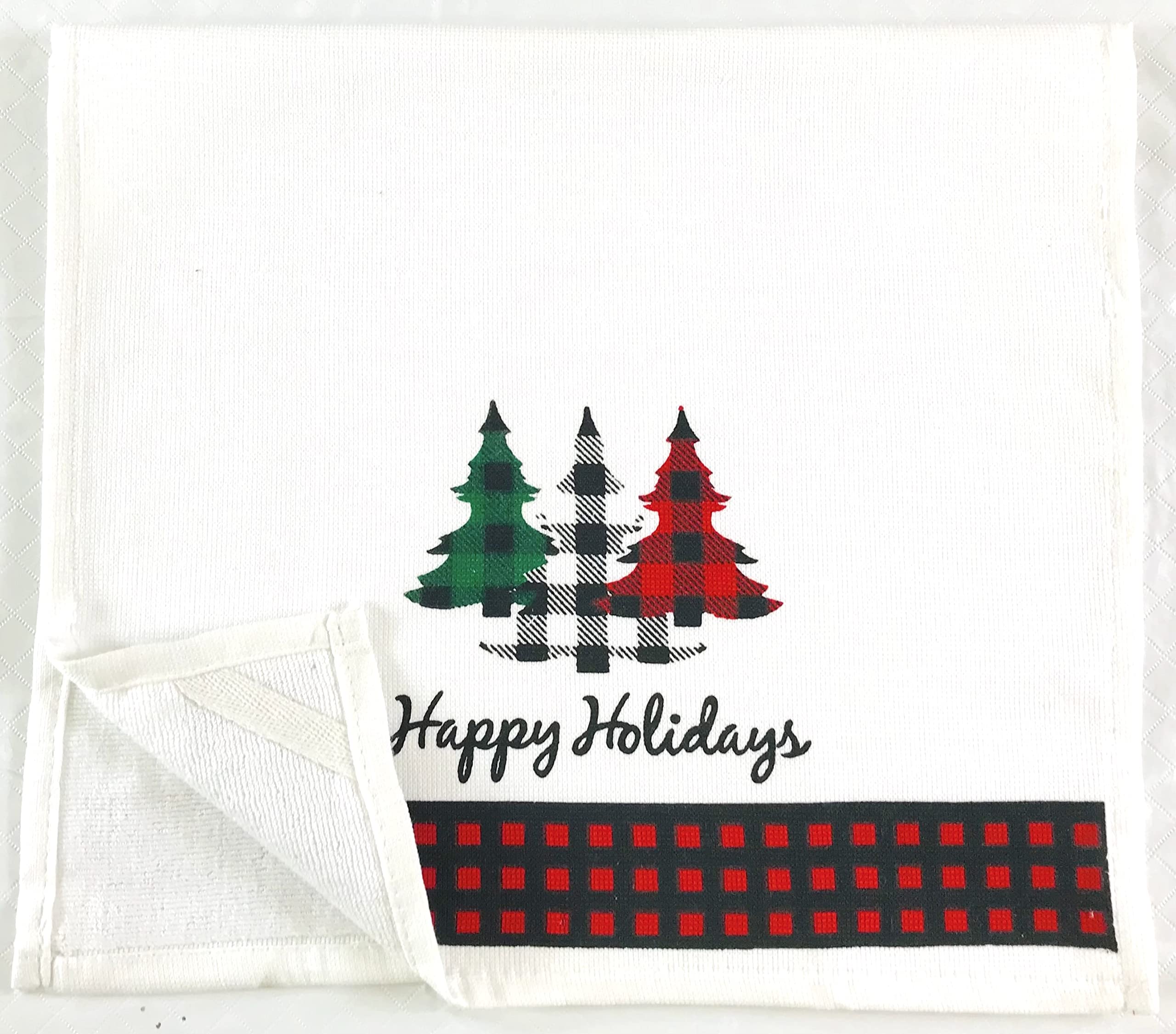 Farmhouse Christmas Kitchen Hand Towels: Postal Country Truck and Trees Herringbone Cotton Weave with Decorative Checkered Prints on Terrycloth with Easy Hang Fabric Loops (Farm Fresh Trees)