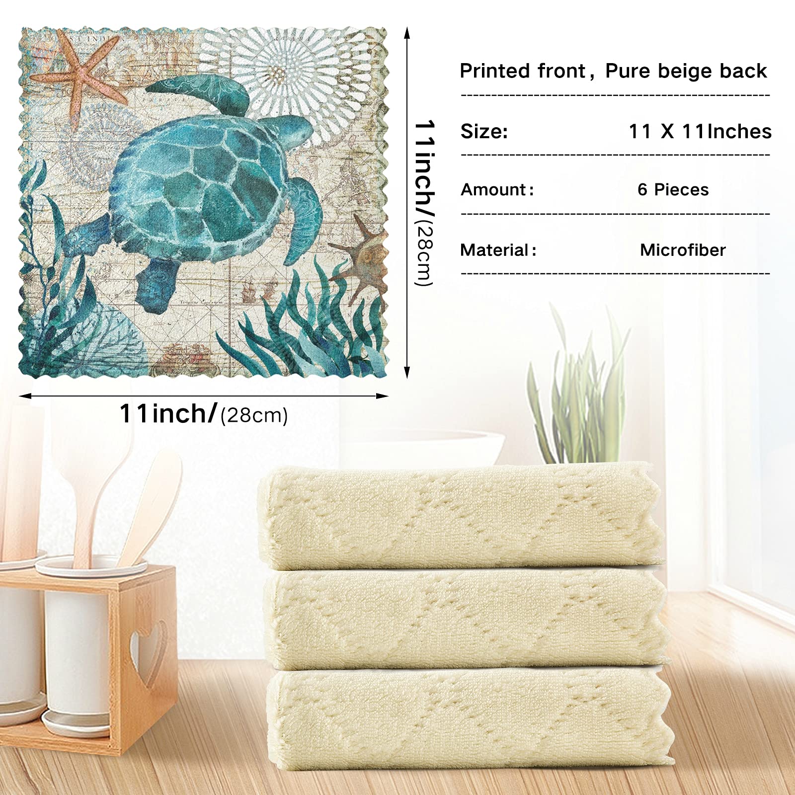 Sea Turtle Starfish Ocean Dish Towel Cleaning Cloth Retro World Map Kitchen Bath Hand Towels 11x11 IN Super Absorbent Lint Free Tea Bar Car Soft Towel Kitchen Accessories Set of 6