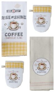kay dee designs farmhouse blend coffee cup 4 piece kitchen linen bundle, 2 towels and 2 grabber mitts