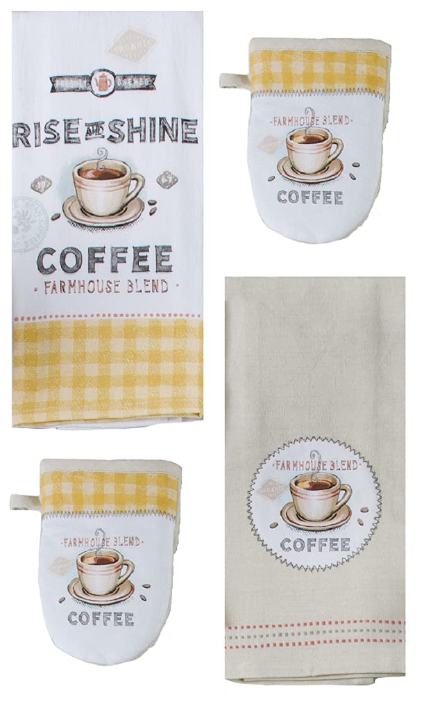 Kay Dee Designs Farmhouse Blend Coffee Cup 4 Piece Kitchen Linen Bundle, 2 Towels and 2 Grabber Mitts