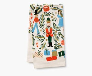 rifle paper co. christmas tree tea towel, 28" l x 21" w, introduce holiday spirit into your kitchen with vibrant screen printed festive towels, added loop, made from cotton