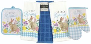 easter spring kitchen dish towels pot holder oven mitt set, 5c: blue gingham country bunny in spring flowers (country blue)