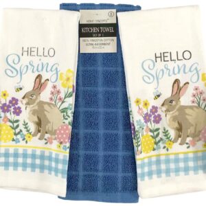 Easter Spring Kitchen Dish Towels Pot Holder Oven Mitt Set, 5c: Blue Gingham Country Bunny in Spring Flowers (Country Blue)