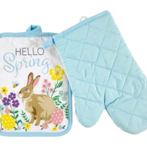 Easter Spring Kitchen Dish Towels Pot Holder Oven Mitt Set, 5c: Blue Gingham Country Bunny in Spring Flowers (Country Blue)