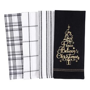 kaf home pantry holiday black gold christmas tree words kitchen dish towel set of 4, cotton rich, 18 x 28-inch