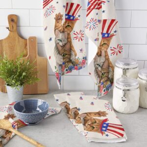 4th of July Kitchen Towels Set American Flag Cats Patriotic Hand Towel Poppy Hat Stripes Stars Dish Towel 2 Pack Absorbent Soft Dish Cloths Tea Towels for Summer BBQ Memorial Day Independence Day