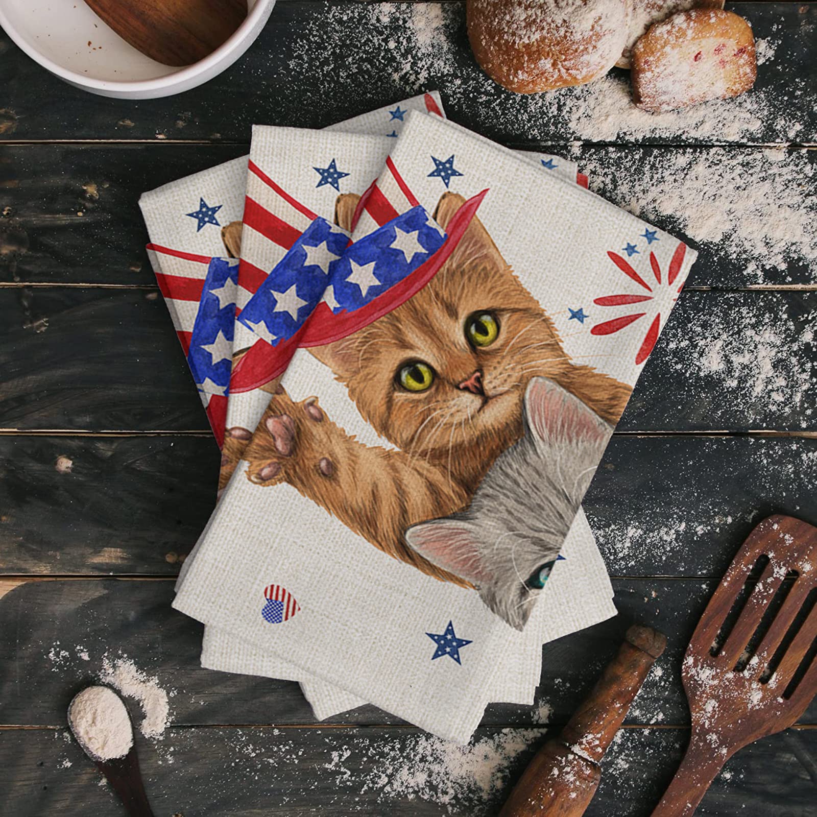 4th of July Kitchen Towels Set American Flag Cats Patriotic Hand Towel Poppy Hat Stripes Stars Dish Towel 2 Pack Absorbent Soft Dish Cloths Tea Towels for Summer BBQ Memorial Day Independence Day