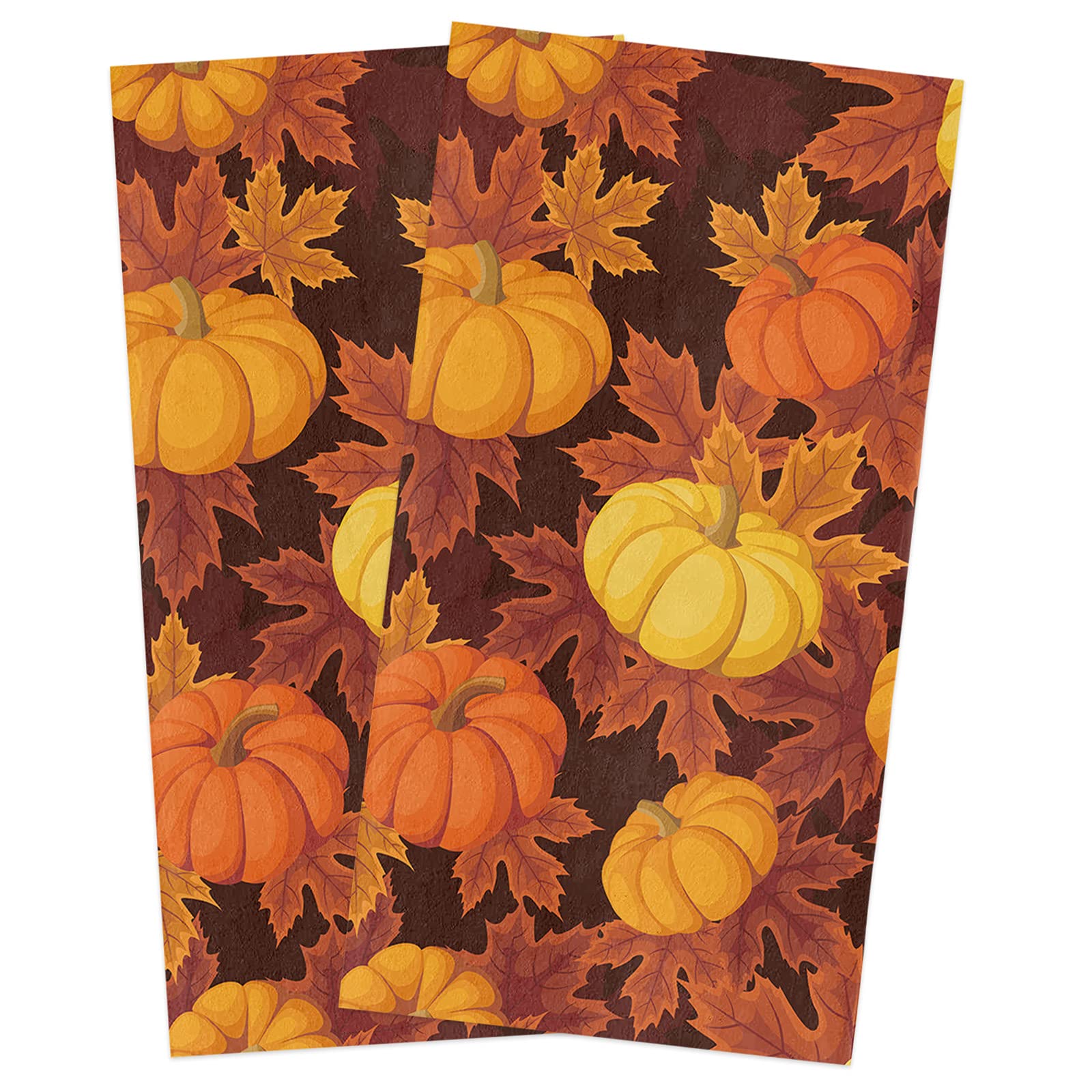 DuoPhi Fall Kitchen Towels Set Harvest Orange Pumpkin Maple Leaves Dish Towel Happy Thanksgiving Day It's Y'all Dishcloths 2 Pack,18x28 Inches Absorbent Soft Cotton Cloths Bar & Tea