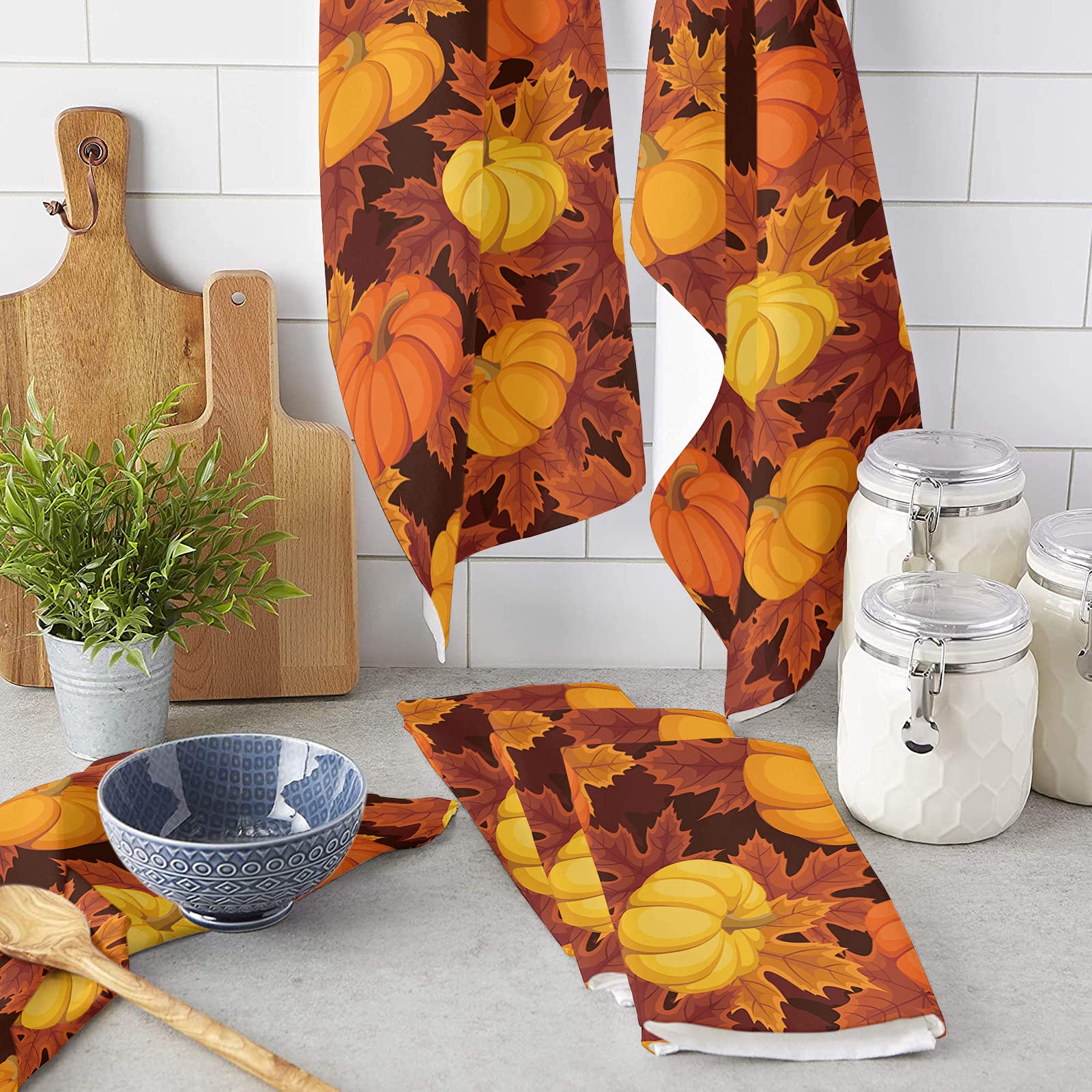 DuoPhi Fall Kitchen Towels Set Harvest Orange Pumpkin Maple Leaves Dish Towel Happy Thanksgiving Day It's Y'all Dishcloths 2 Pack,18x28 Inches Absorbent Soft Cotton Cloths Bar & Tea