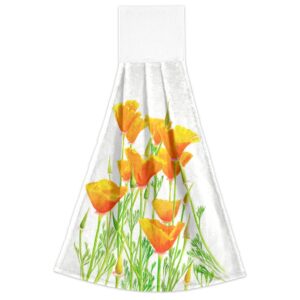 Aslsiy Yellow Orange Poppies Hanging Kitchen Towels Spring Wildflowers Bathroom Hand Tie Towel Fast Drying Dish Tea Towels for Bath Tabletop Gym Home Decor Set of 2