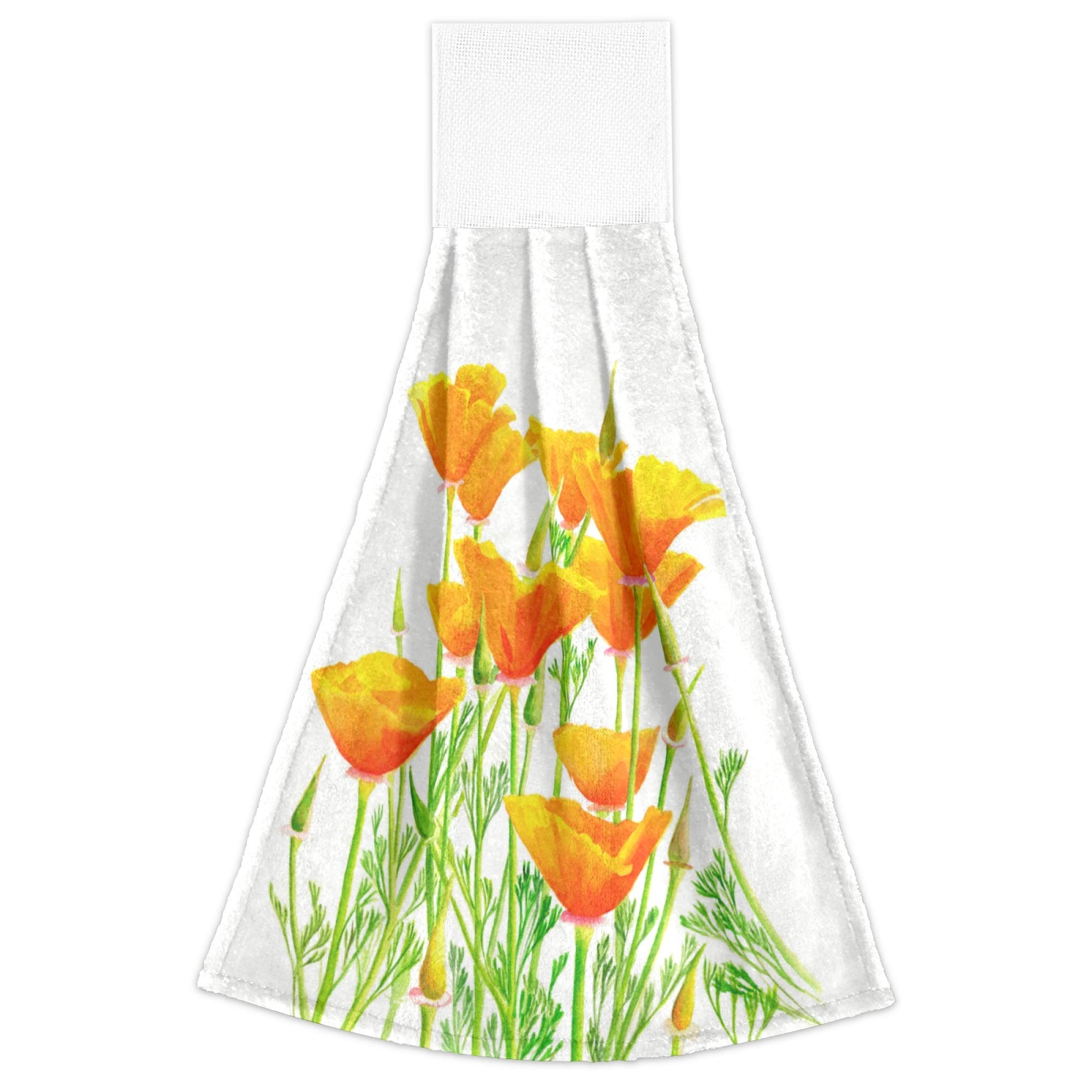 Aslsiy Yellow Orange Poppies Hanging Kitchen Towels Spring Wildflowers Bathroom Hand Tie Towel Fast Drying Dish Tea Towels for Bath Tabletop Gym Home Decor Set of 2