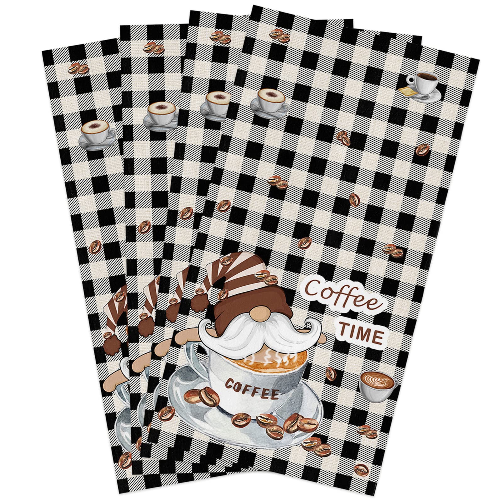 LEOKOTI Coffee Time Kitchen Towels, Absorbent Dish Cloths Hand Towels for Bathroom, Gnomes Coffee Beans Black White Plaid Decorative Dish Towels Tea Towels Bar Towels 18"x28", 4 Pack