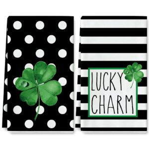 anydesign st. patrick's day kitchen towel lucky shamrock clover dish towel white black stripes dots hand drying tea towel for cooking baking cleaning wipes, 18 x 28 inch, set of 2