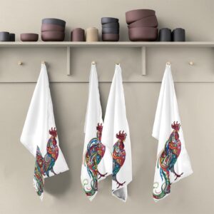 Exnundod Chicken Kitchen Dish Towel Set of 4, Ethnic Rooster Tea Towels Decorative 18x28in Reusable Thin Absorbent Microfiber Dishcloth for Drying Wiping Cleaning Decorative