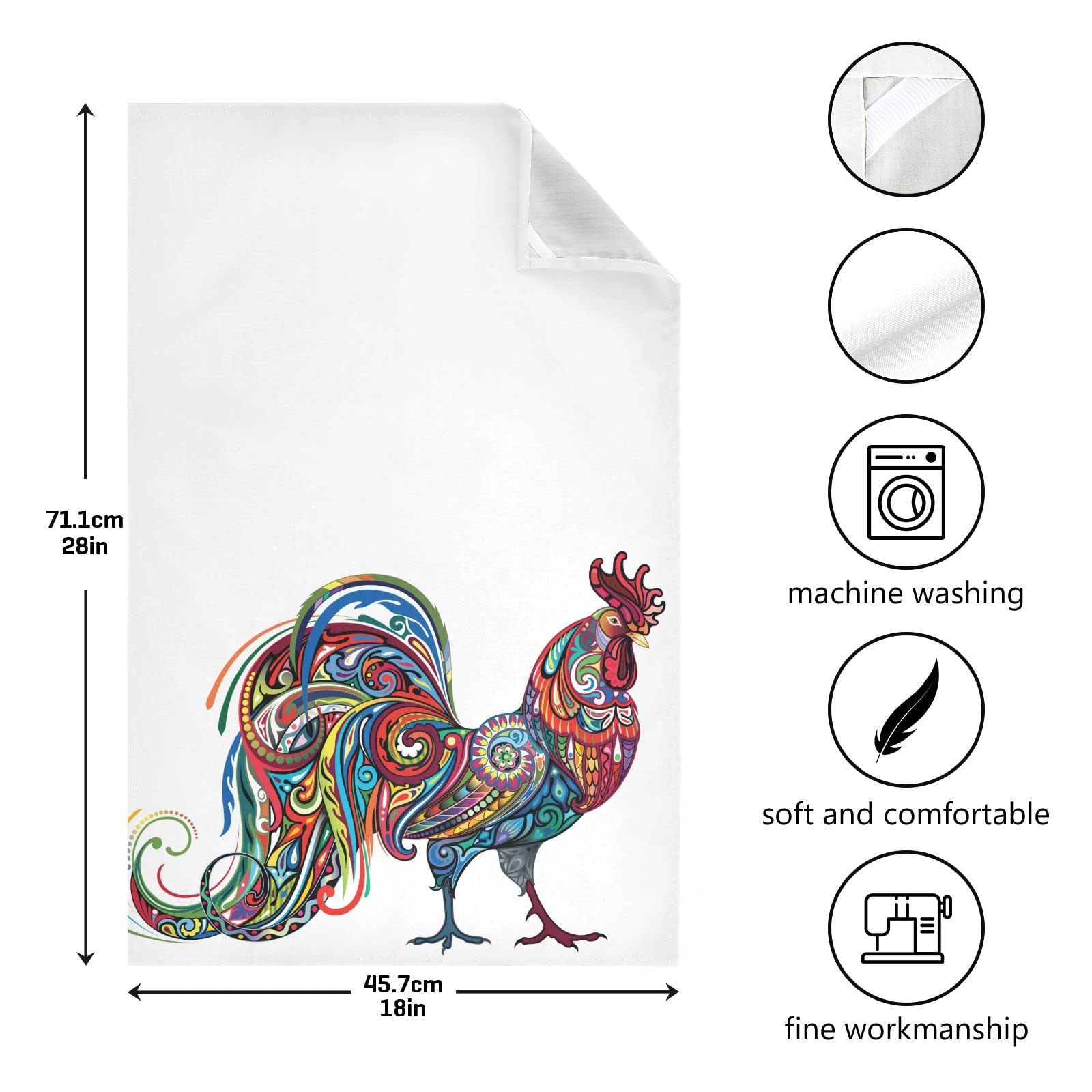 Exnundod Chicken Kitchen Dish Towel Set of 4, Ethnic Rooster Tea Towels Decorative 18x28in Reusable Thin Absorbent Microfiber Dishcloth for Drying Wiping Cleaning Decorative