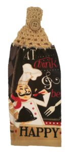 handcrafted buff crochet topped eat drink & be happy chef kitchen towel