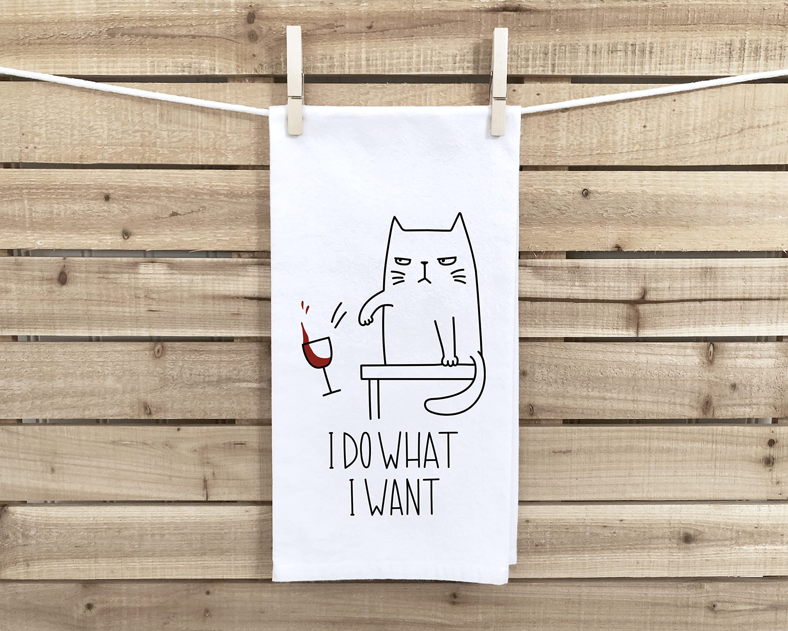 I Do What I Want Flour Sack Kitchen Towel with Hanging Loop - Funny Cute Cat Lover Dish Cloth Housewarming Hostess Birthday Christmas Gift