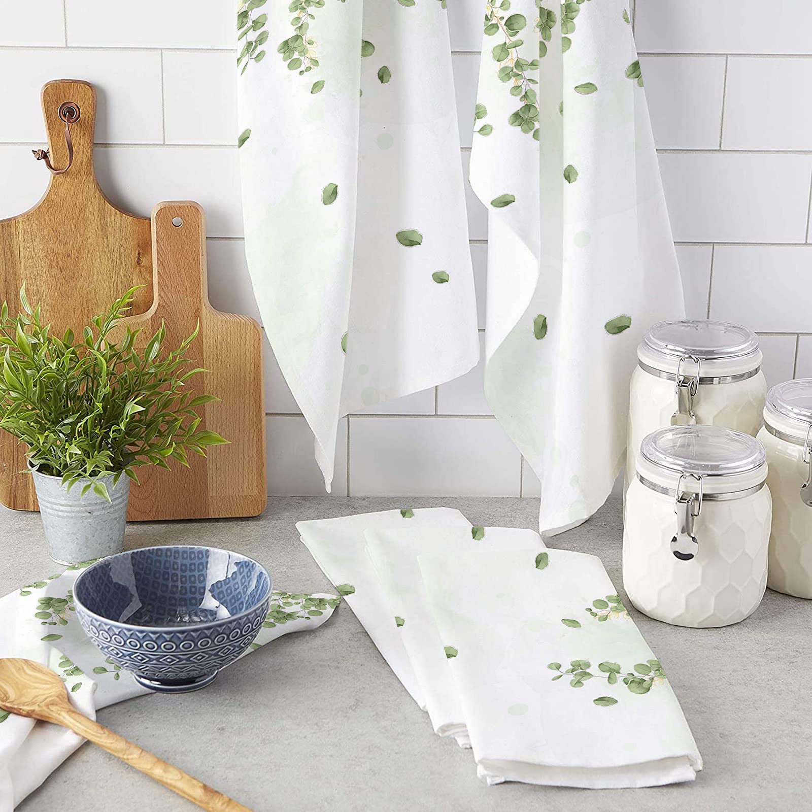 Spring Eucalyptus Kitchen Towel Absorbent Dish Towels Watercolor Boho Leaves Botanical 1 Pack Reusable Hand Towel Washing Cloths, Quick Drying Hanging Terry for Home Cleaning Gold Lines Green Plant