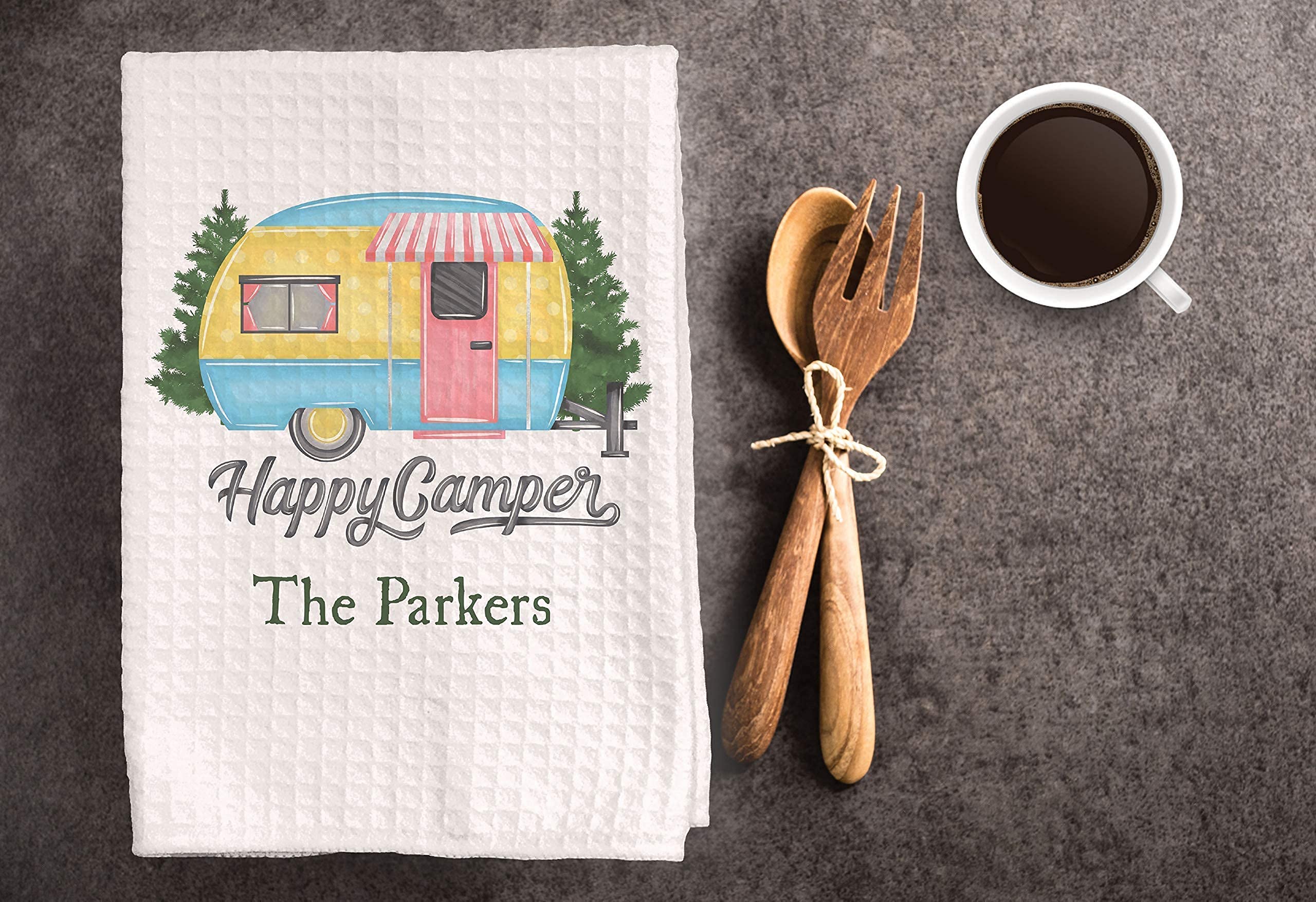 CANARY ROAD Happy Camper Waffle Weave Dish Towel | Personalized Kitchen Towel | Travel Trailer Gift | Camper Accessories | Personalized Dish Towel | Camper Decor