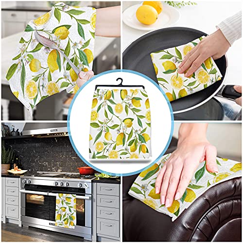 Yun Nist Kitchen Dish Towels,Spring Yellow Lemon Green Leaves Soft Microfiber Dish Cloths Reusable Hand Towels,Farm Fruit Floral Leaf Watercolor Washable Tea Towel for Dishes Counters 1 Pack