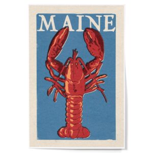 maine, lobster woodblock (12x18 art print, travel poster wall decor)