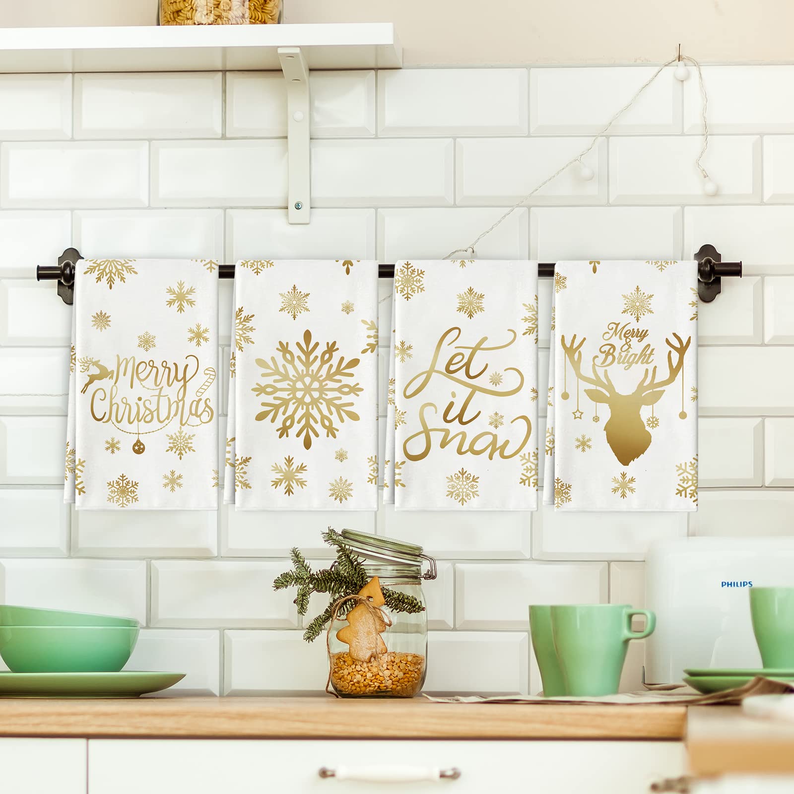 AnyDesign Christmas Kitchen Towel Gold Snowflake Reindeer Dish Towel 18 x 28 Inch Let It Snow Hand Drying Tea Towel for Cooking Baking, Set of 4