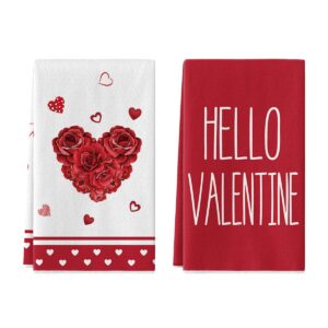 artoid mode roses hearts hello valentine's day kitchen towels dish towels, 18x26 inch anniversary decoration hand towels set of 2