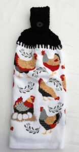 hen, chickens, rooster & eggs - crochet top hanging kitchen towel- double thick/full towel