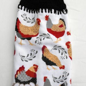 HEN, CHICKENS, ROOSTER & EGGS - CROCHET TOP HANGING KITCHEN TOWEL- DOUBLE THICK/FULL TOWEL